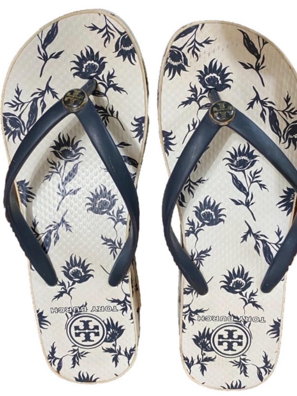 Tory Burch white & navy Floral Wedge Flip Flops size 7.5